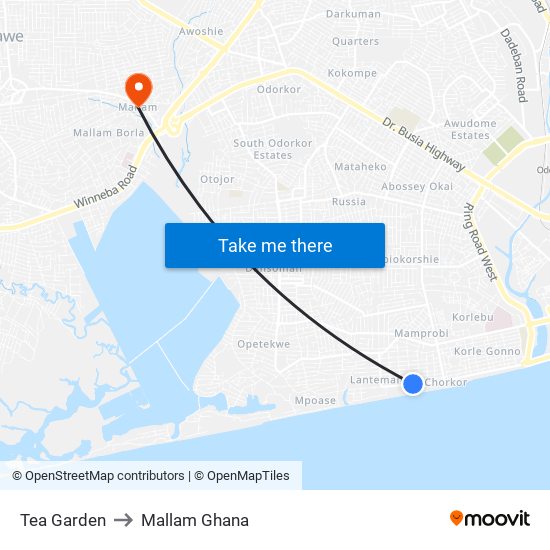 Tea Garden to Mallam Ghana map