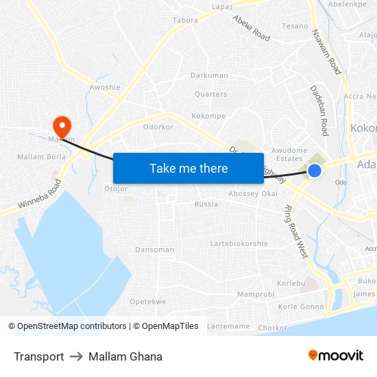 Transport to Mallam Ghana map