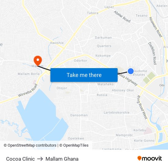 Cocoa Clinic to Mallam Ghana map