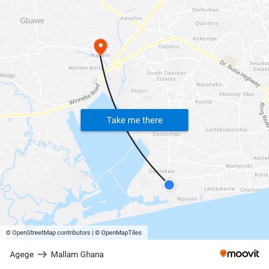 Agege to Mallam Ghana map