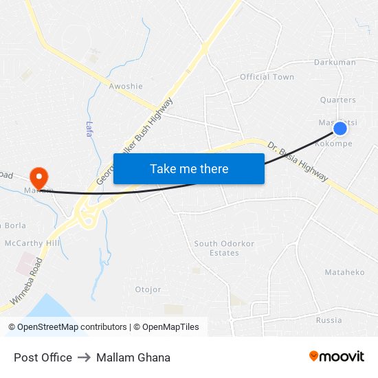 Post Office to Mallam Ghana map
