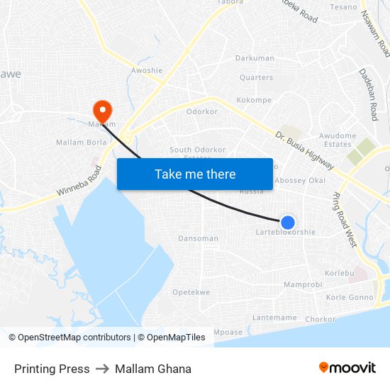 Printing Press to Mallam Ghana map