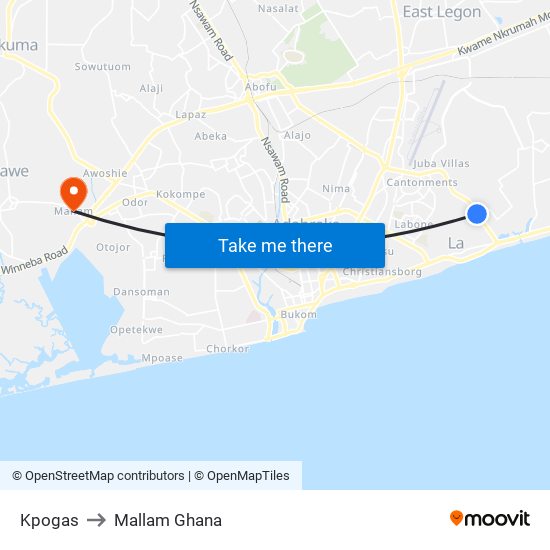 Kpogas to Mallam Ghana map