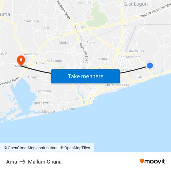 Ama to Mallam Ghana map