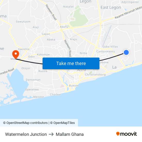 Watermelon Junction to Mallam Ghana map