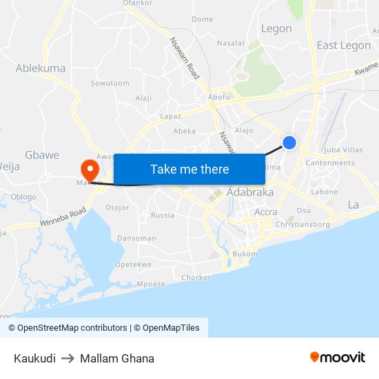 Kaukudi to Mallam Ghana map