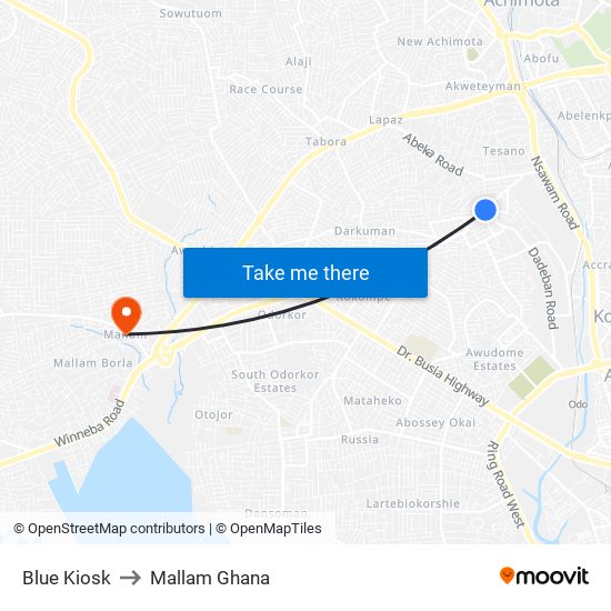 Blue Kiosk to Mallam Ghana map