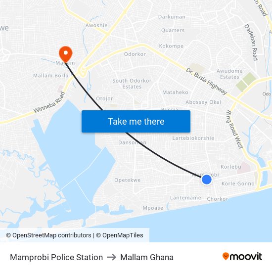 Mamprobi Police Station to Mallam Ghana map