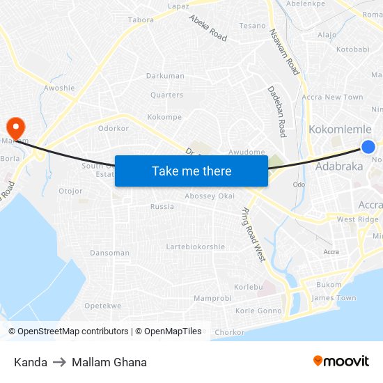 Kanda to Mallam Ghana map