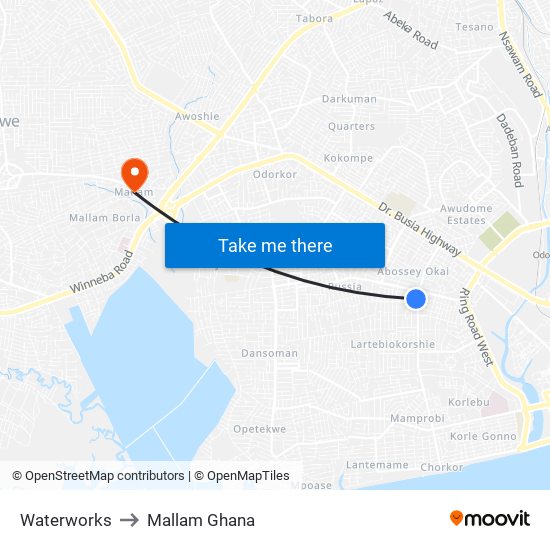 Waterworks to Mallam Ghana map