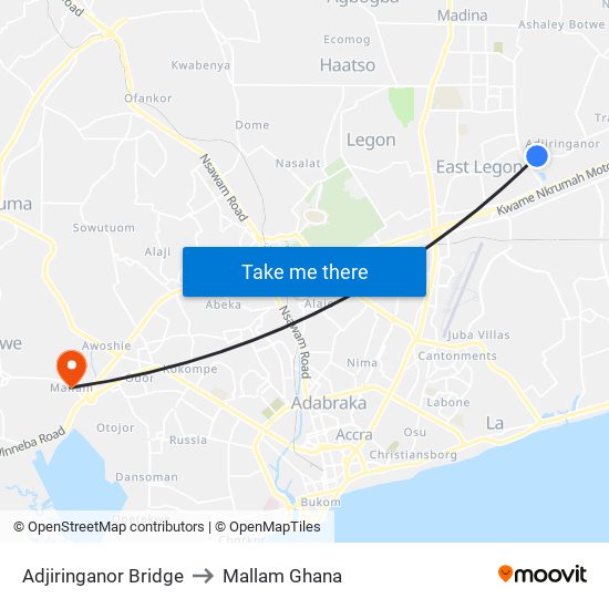 Adjiringanor Bridge to Mallam Ghana map