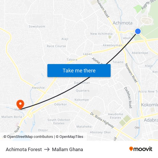 Achimota Forest to Mallam Ghana map