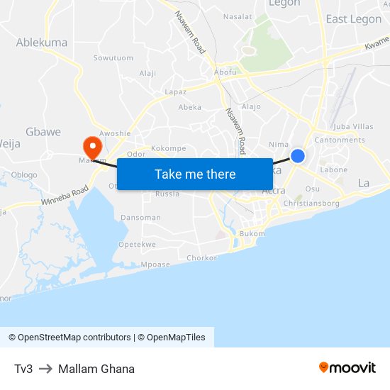 Tv3 to Mallam Ghana map