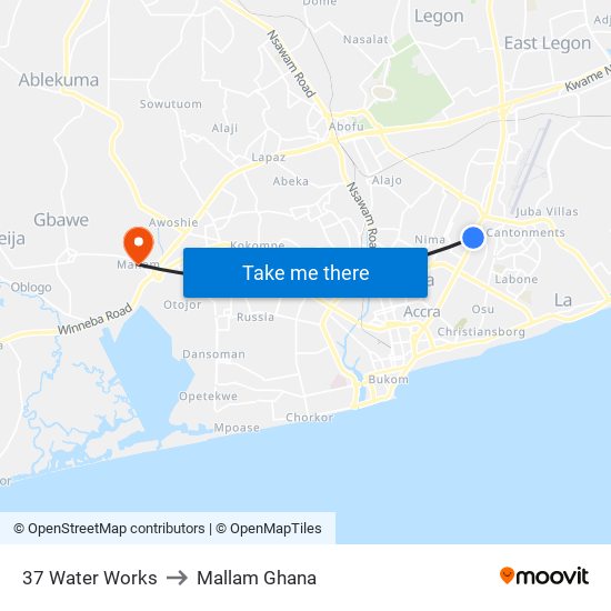 37 Water Works to Mallam Ghana map