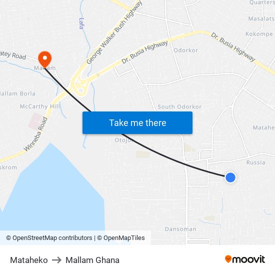 Mataheko to Mallam Ghana map