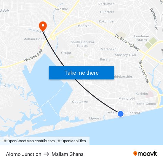 Alomo Junction to Mallam Ghana map
