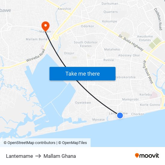 Lantemame to Mallam Ghana map