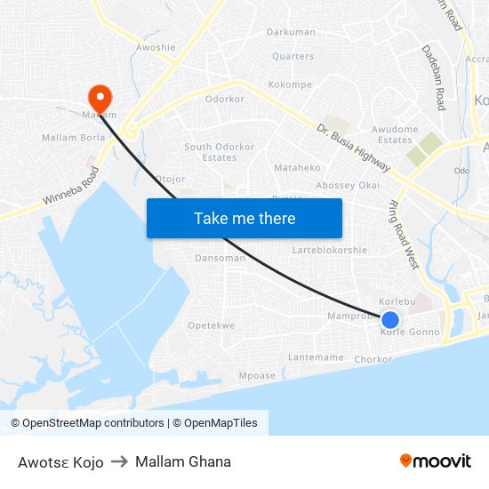 Awotsɛ Kojo to Mallam Ghana map
