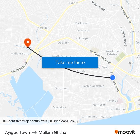 Ayigbe Town to Mallam Ghana map