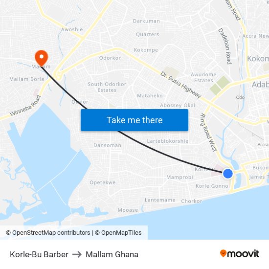 Korle-Bu Barber to Mallam Ghana map