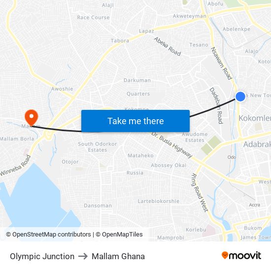 Olympic Junction to Mallam Ghana map