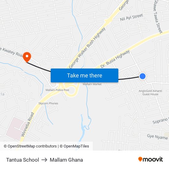 Tantua School to Mallam Ghana map