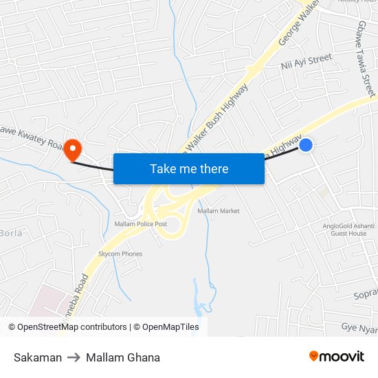 Sakaman to Mallam Ghana map