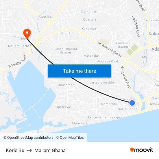 Korle Bu to Mallam Ghana map
