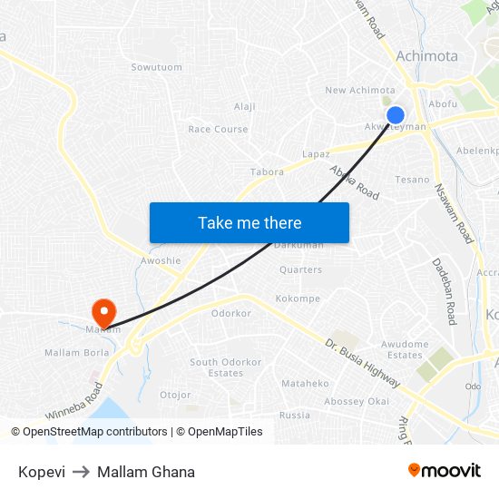 Kopevi to Mallam Ghana map