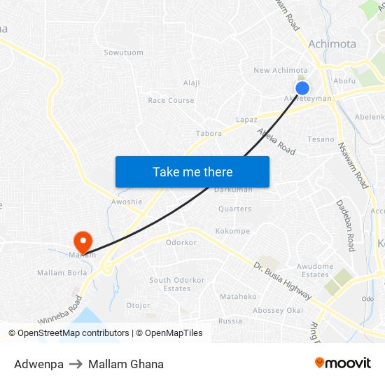 Adwenpa to Mallam Ghana map