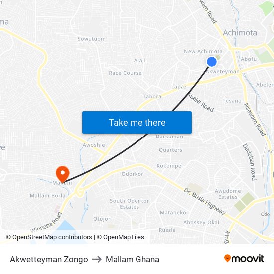 Akwetteyman Zongo to Mallam Ghana map