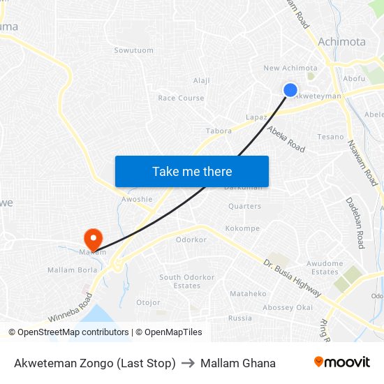 Akweteman Zongo (Last Stop) to Mallam Ghana map