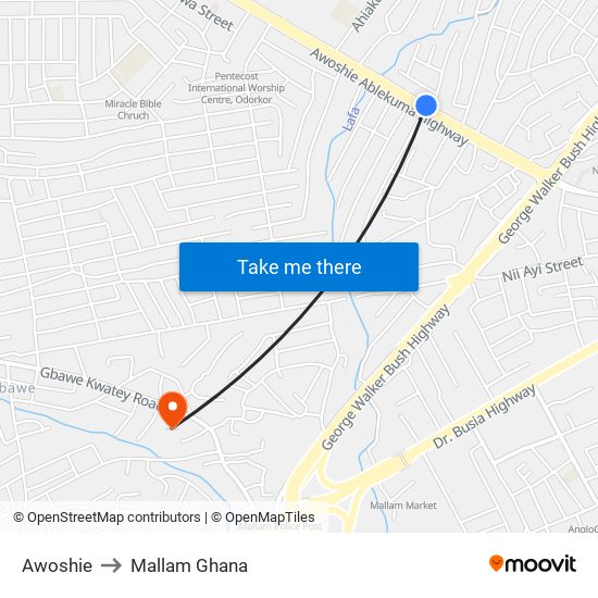 Awoshie to Mallam Ghana map