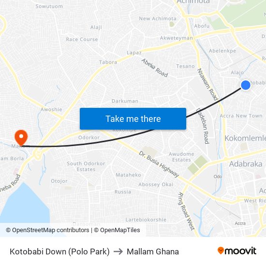 Kotobabi Down (Polo Park) to Mallam Ghana map