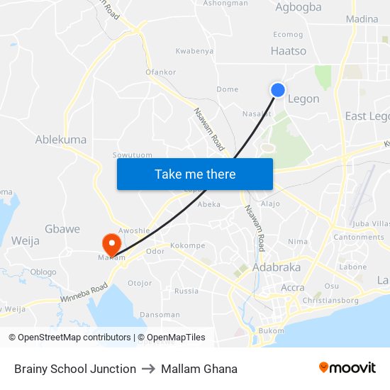 Brainy School Junction to Mallam Ghana map