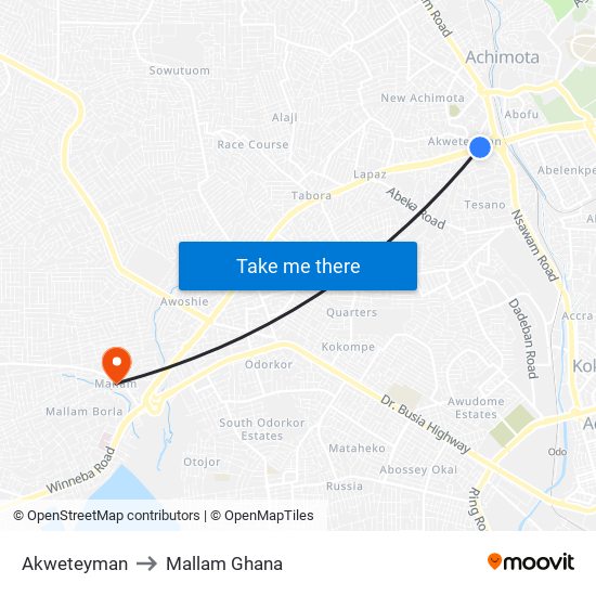 Akweteyman to Mallam Ghana map