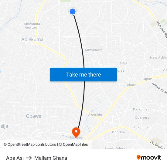 Abe Asi to Mallam Ghana map