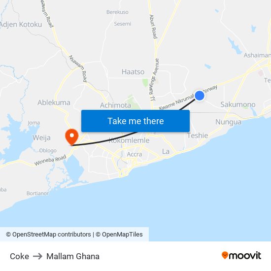 Coke to Mallam Ghana map
