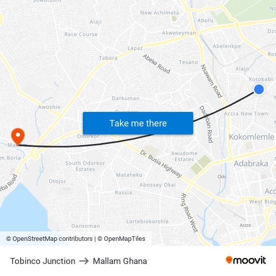 Tobinco Junction to Mallam Ghana map