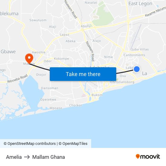 Amelia to Mallam Ghana map