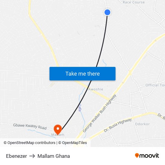 Ebenezer to Mallam Ghana map