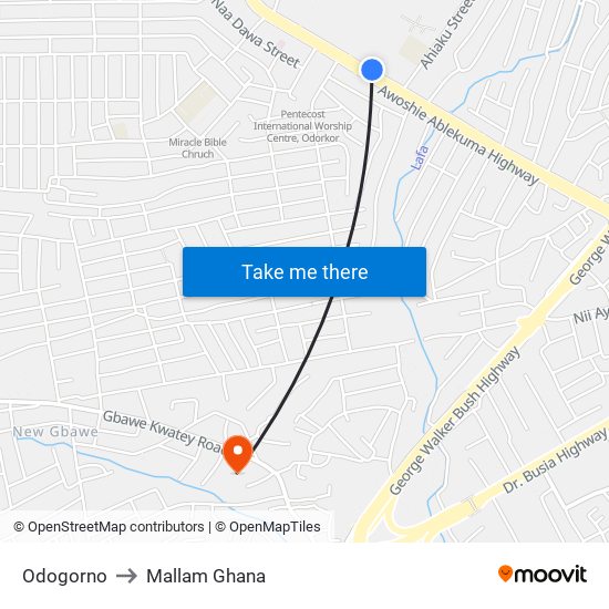 Odogorno to Mallam Ghana map