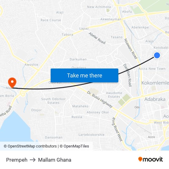 Prempeh to Mallam Ghana map