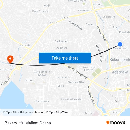 Bakery to Mallam Ghana map