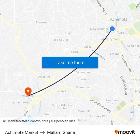 Achimota Market to Mallam Ghana map