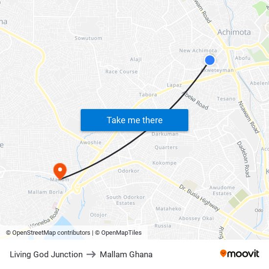 Living God Junction to Mallam Ghana map