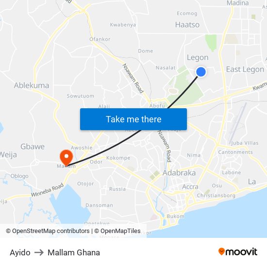 Ayido to Mallam Ghana map