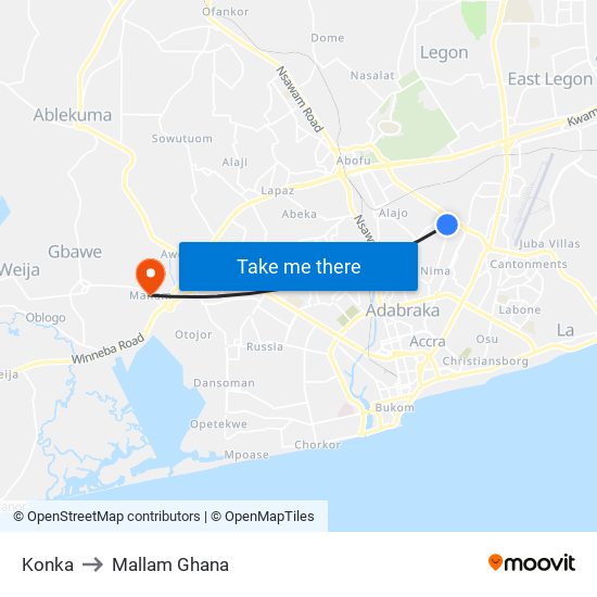 Konka to Mallam Ghana map