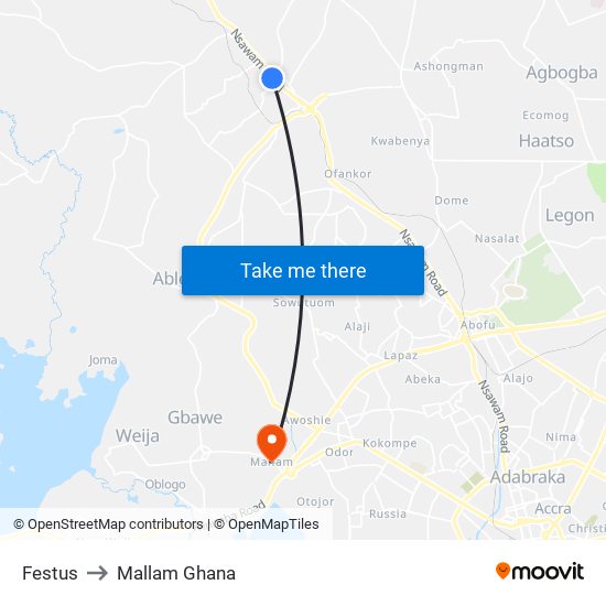 Festus to Mallam Ghana map