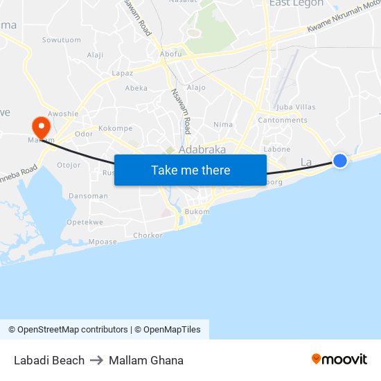 Labadi Beach to Mallam Ghana map
